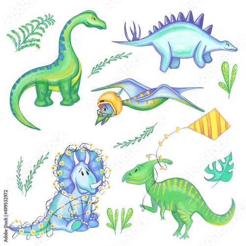 Funny cartoon dinosaurs collection. Gouache illustration  with transparent background