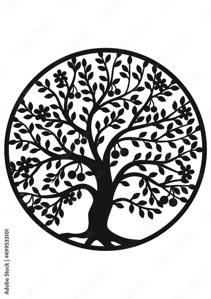 A silhouette of tree with leaves and fruits in a circle.