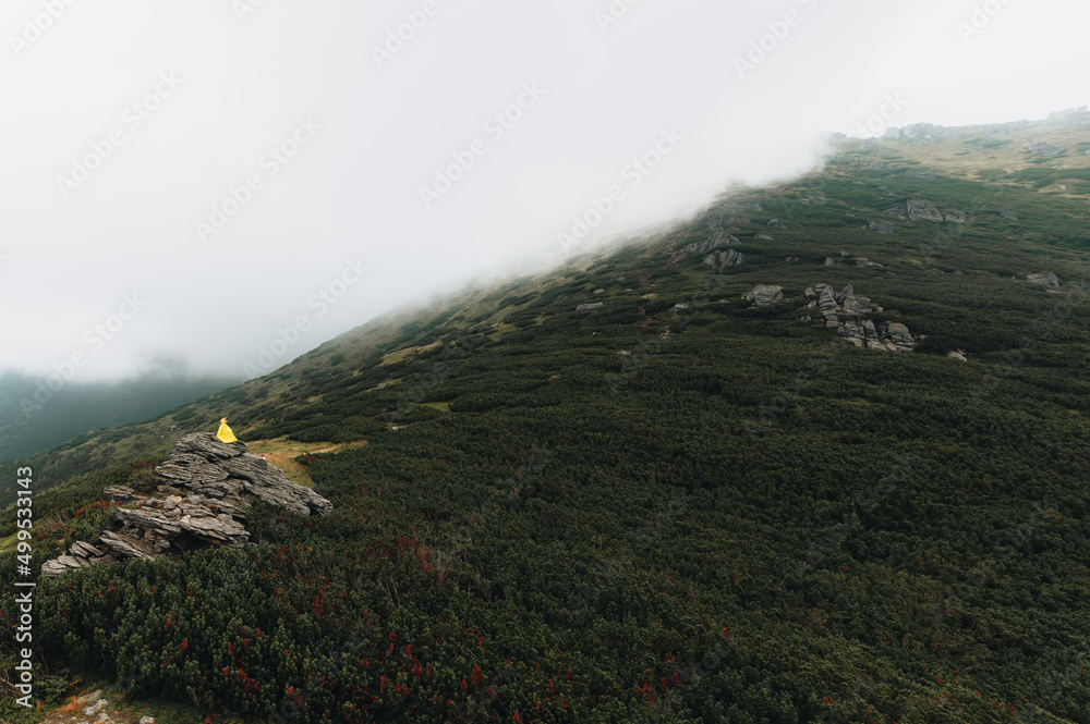 Middle age woman traveler in raincoat and backpack enjoying view of mountains.