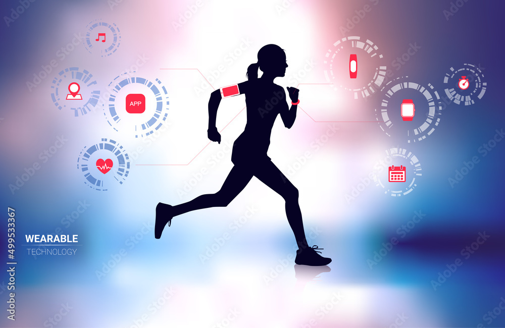 Fitness wearable technology device with a runner. Great for smartwatch sport and health apps. activity band, health monitor and wrist-worn device concept.