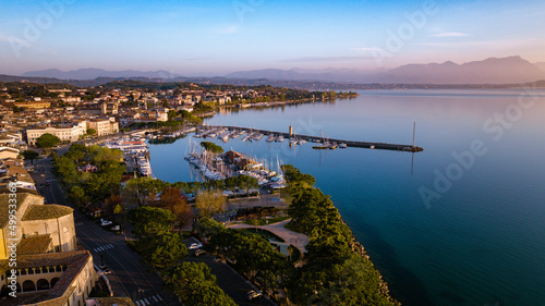 Aerial view of a lake town on a beautiful quiet morning 