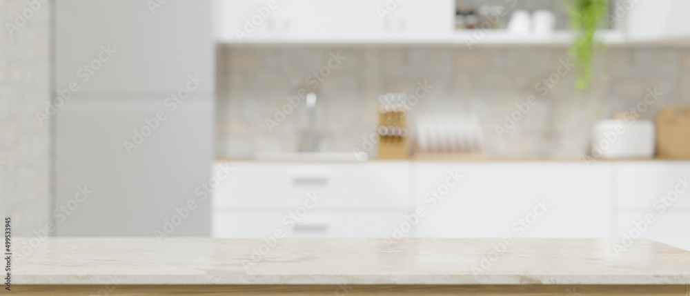 Modern marble white kitchen countertop with copy space - obrazy, fototapety, plakaty 