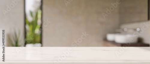 Canvas Print Mockup space on luxury white tabletop against blurred modern bathroom background