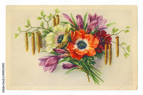 Germany - CIRCA 1940: An old postcard printed in Germany around 1940, which depicts spring flowers and birch branches.