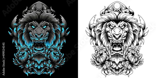 lion head with flower and ornament around
