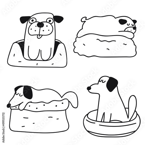 Set of dogs in dog's beds. Outline icon illustrations on white background.