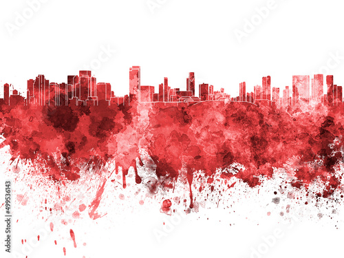 Honolulu skyline in red watercolor on white background