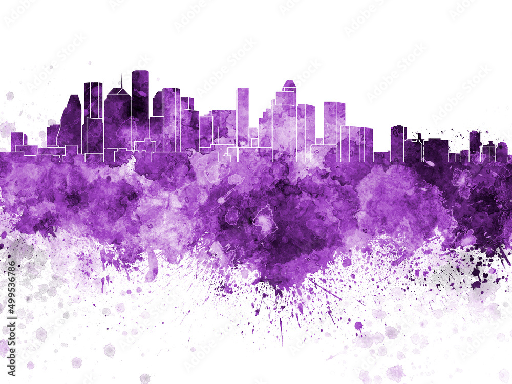 Houston skyline in purple watercolor on white background