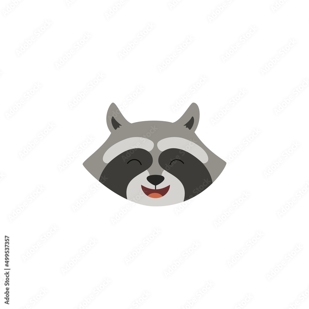 Laughing raccoon cartoon face, cute happy mascot in flat vector illustration