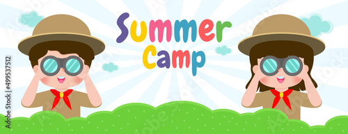 kids summer camp banner template background education for advertising brochure or poster, happy children doing activities on camping, poster flyer your text ,Vector Illustration 