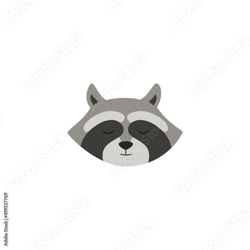 Raccoon muzzle with closed eyes, animal head in flat vector illustration