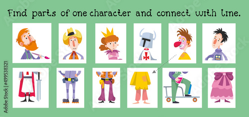 Educational game for children. Find parts of one character and connect with line. Cartoon characters. Vector illustration.