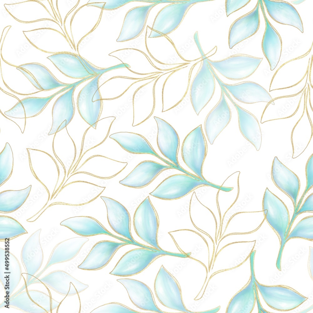 Seamless, decorative, floral pattern of twigs with gradient and golden outline on a white background Seamless, decorative, floral pattern of twigs with gradient and golden outline on a white background