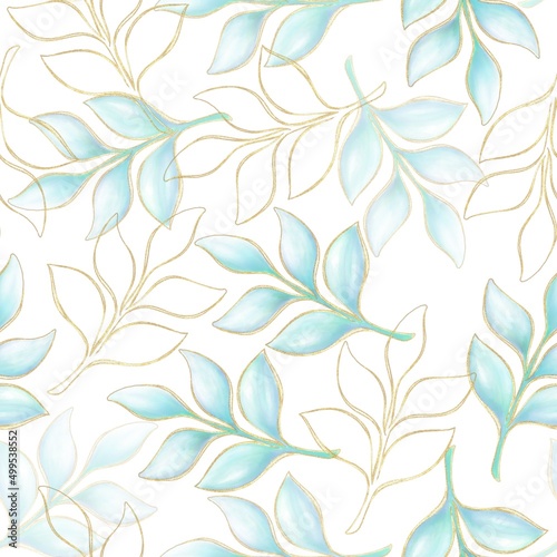 Wallpaper Mural Seamless, decorative, floral pattern of twigs with gradient and golden outline on a white background Torontodigital.ca