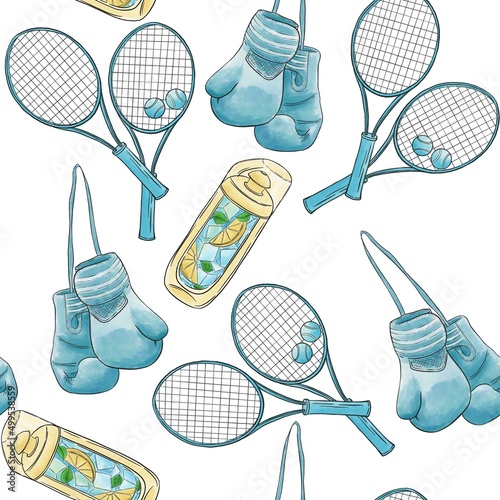 Sports pattern of simple illustrations, rackets, water bottle, boxing gloves