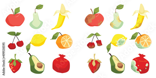 Rotten fruits vs fresh fruits, food waste vector set. Spoiled and molded apple, banana, avocado and strawberry icons.