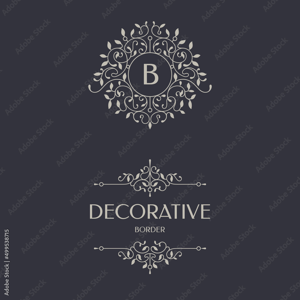 Decorative floral monogram and border. Graphic design pages, business sign, boutiques, cafes, hotels. Classic design elements for wedding invitations. 