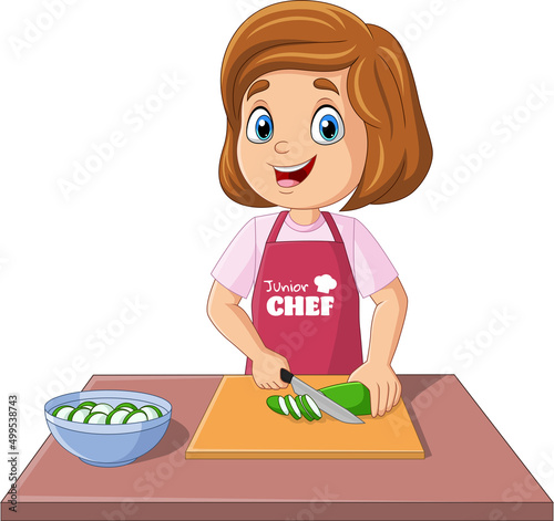 Cartoon chef girl cutting cucumber with board and knife