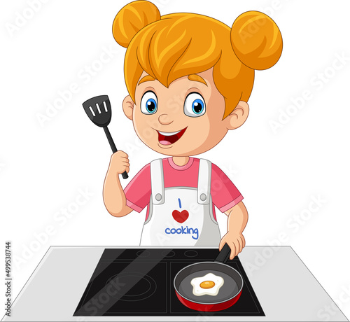 Cartoon little girl frying an egg