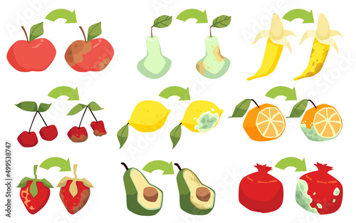 Rotten and fresh fruits collection flat cartoon vector illustration isolated.