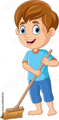 Cartoon little boy sweeping the floor