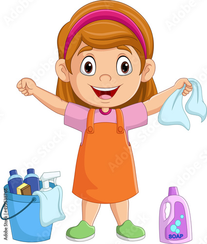 Cartoon little girl with bucket and clean-up tools