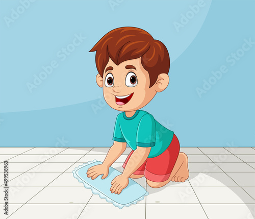Cartoon little boy mopping the floor
