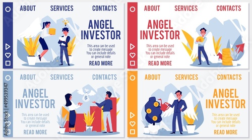 Angel investor funding startup with innovative business ideas, vector website banner. Business Investment illustration.
