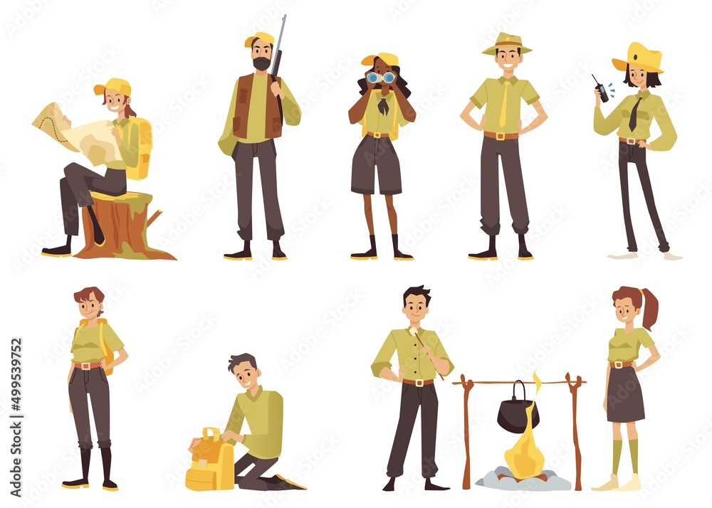 Men and women Park Rangers and Forest Officers, isolated cartoon vector characters. Hunter, black ranger with binoculars