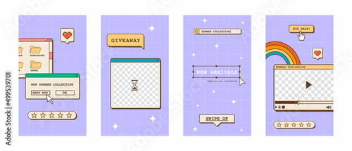 Set of linear vaporwave ig post or stories templates for social media. Abstract retro 80s 90s aesthetic groovy backgrounds with old computer user interface dialog window and nostalgic elements. Vector