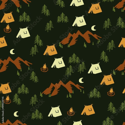 Seamless Pattern with Camping in the Wilderness Area Vector Illustration