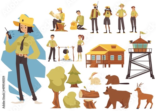 Park rangers and protected forest animals set flat vector illustration isolated.