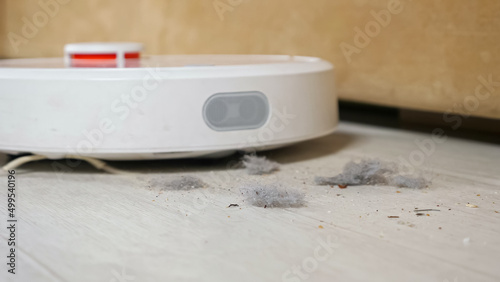 Robot vacuum cleaner rides on the floor and picks up dust near sofa in living room, close-up