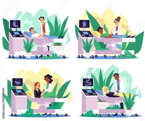 Doctors do diagnostic ultrasound scans of organs of patients in flat vector