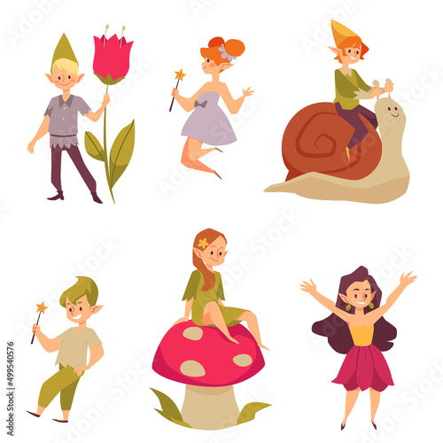 Cute pixie magical creatures on snail and mushroom, cartoon flat vector illustration isolated on white background.