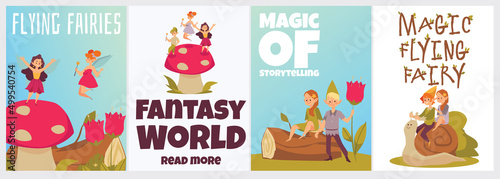 Little flying pixies or fairies with magic wands live in fantasy world in flat