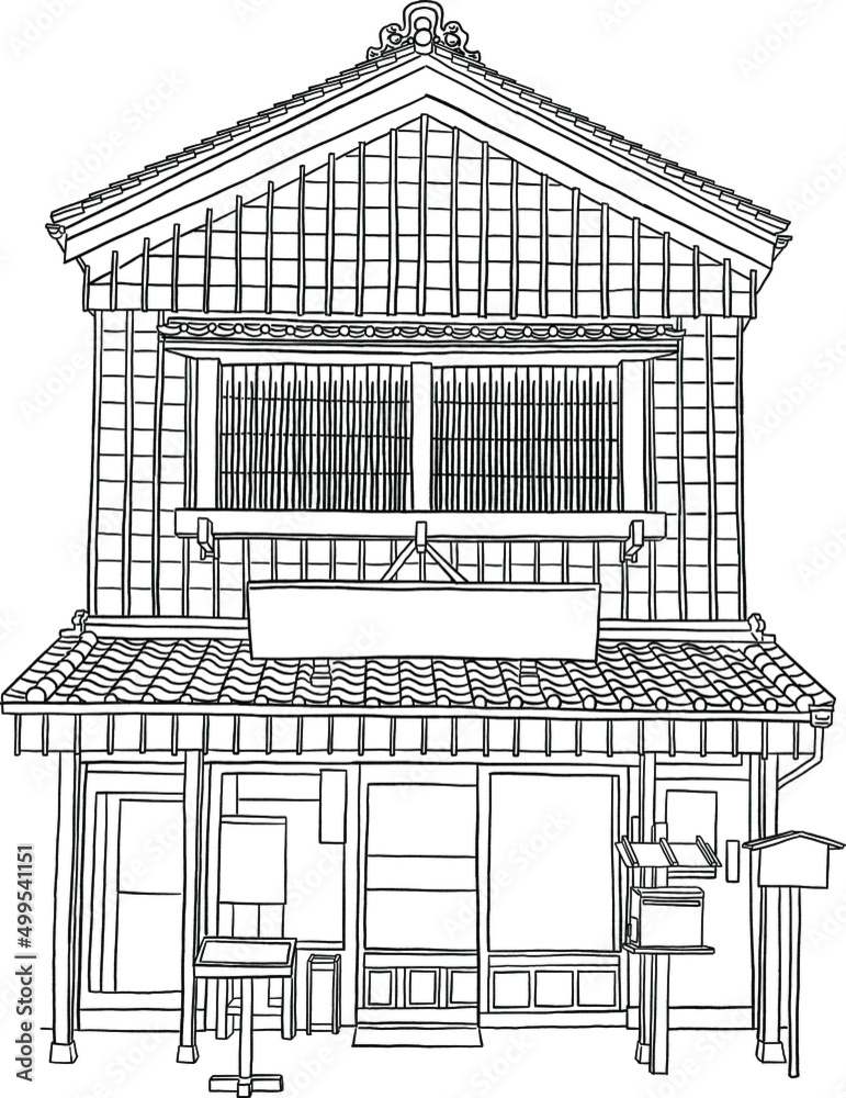 Japan House Traditional style Store front Hand drawn Line art Illustration