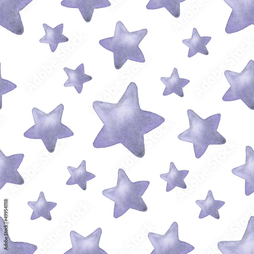 seamless pattern with purple stars, watercolor pattern with stars. Purple watercolor star, hand-painted. Suitable for packaging, baby fabric, wallpaper © Fedulova_art