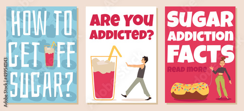 Craving sugar and addiction to sweet food banners set, flat vector illustration.
