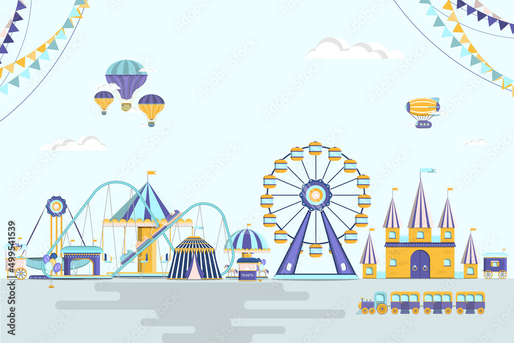 Amusement park with circus, carousels and slides. vector illustration.