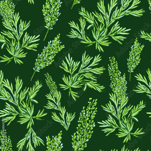 Wormwood watercolor seamless pattern, Artemisia capillaris on green background, floral print