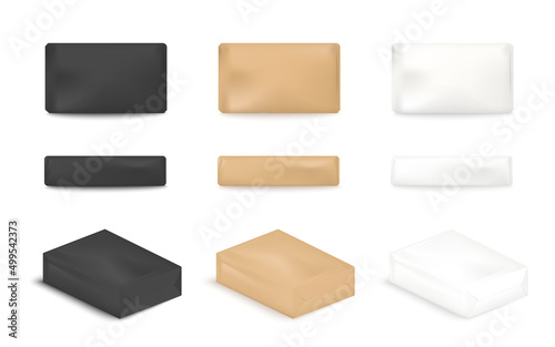Soap in brown craft paper package, 3d realistic mock up. Black and white blank empty soap bar, vector mockup.