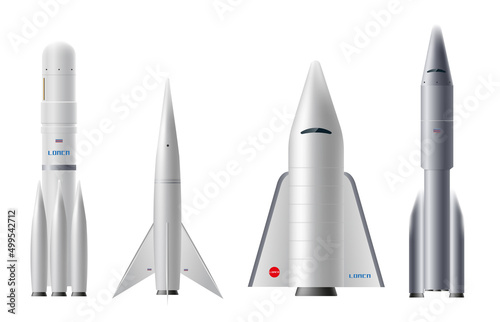 Space rocket 3D realistic vector set. Shuttle and spacecraft, spaceship with different engine, illustration isolated.
