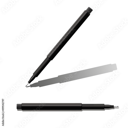 Black linear pen mock-up isolated on white. Realistic plastic capillary pen or pencil for writing and sketching. Vector element for office template, workplace of an artist illustration, drawing tool.