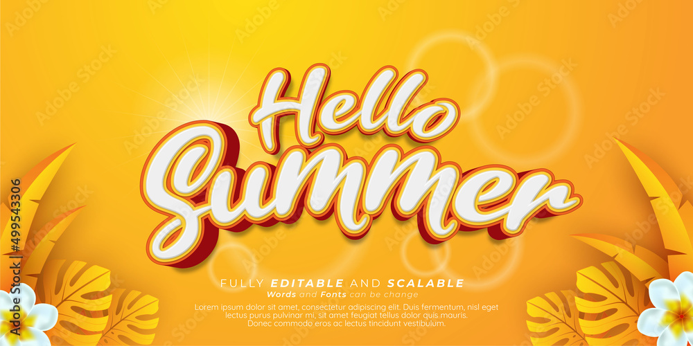 Editable text hello summer with decoration on yellow background