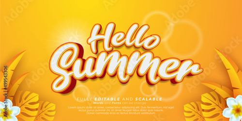 Editable text hello summer with decoration on yellow background