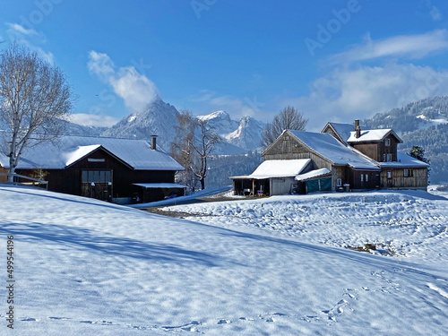 Indigenous alpine huts and wooden cattle stables on Swiss pastures covered with fresh white snow cover, Nesslau - Obertoggenburg, Switzerland (Schweiz)