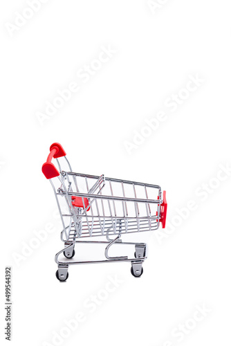 One Empty Trolley Shopping or Sale Cart Placed Over Seamless Solid White Background With Space for Text. © danmorgan12