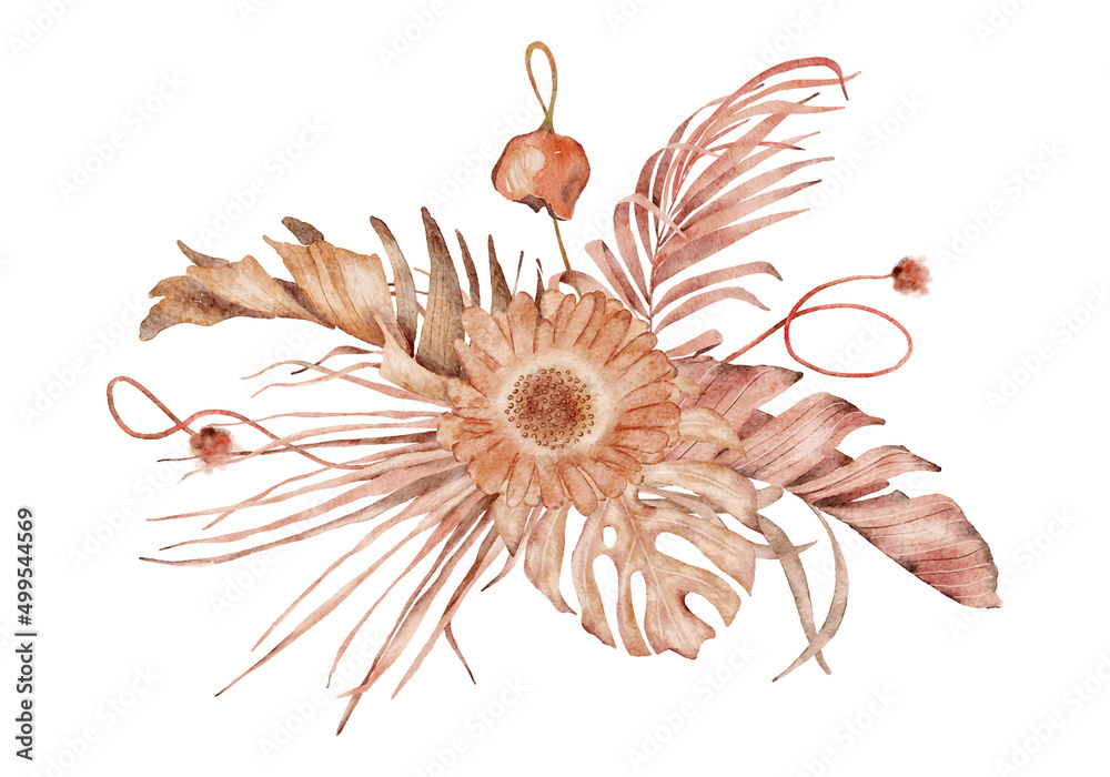 Watercolor tropical bouquet with dried palm leaves and flowers Hand-painted exotic illustration Watercolor tropical bouquet with dried palm leaves and flowers Hand-painted exotic illustration