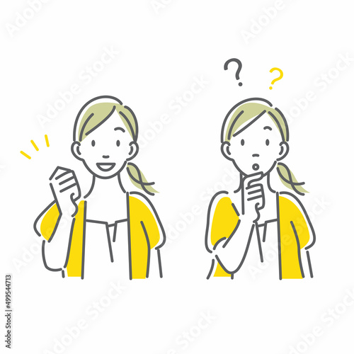 考える女性と決心した女性　シンプルでお洒落な線画イラスト